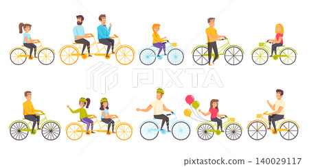 Bicyclists flat vector illustrations set. Sport activity, recreation, active leisure scenes bundle. People riding bikes, cyclists cartoon characters collection isolated on white background 140029117