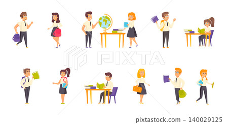 Pupils, schoolchildren flat vector illustrations set. Study, education, lessons scenes bundle. Schoolboys and schoolgirls, people with tutorials, learners cartoon characters collection Pupils, schoolchildren flat vector illustrations set. Study, education, lessons scenes bundle. Schoolboys and schoolgirls, people with tutorials, learners cartoon characters collection 140029125
