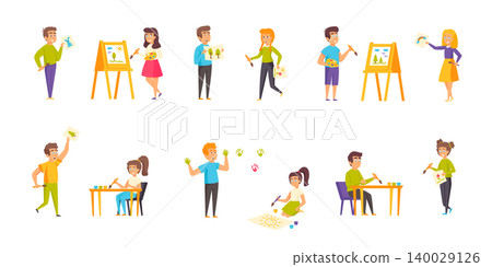 Painting children flat vector illustrations set. Art lesson, master class scenes bundle. Smiling people, boys and girls with easels, palettes and paint brushes cartoon characters collection 140029126