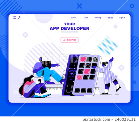 App development landing page vector template. Mobile device software programming website header UI layout with flat illustration. Gadget application coding web banner flat concept 140029131