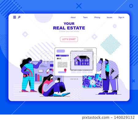 Real estate landing page vector template. Private property website header UI layout with flat illustration. Residential apartment, buildings and skyscrapers web banner flat concept Real estate landing page vector template. Private property website header UI layout with flat illustration. Residential apartment, buildings and skyscrapers web banner flat concept 140029132