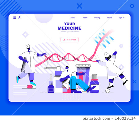 Medicine landing page vector template. Emergency health care aid website header UI layout with flat illustration. Medicaments and prescription laboratory web banner flat concept Medicine landing page vector template. Emergency health care aid website header UI layout with flat illustration. Medicaments and prescription laboratory web banner flat concept 140029134