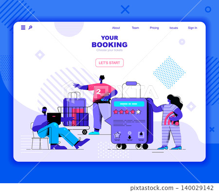 Booking landing page vector template. Ordering boarding tickets website header UI layout with flat illustration. Tourism agency, departure for vacation web banner flat concept Booking landing page vector template. Ordering boarding tickets website header UI layout with flat illustration. Tourism agency, departure for vacation web banner flat concept 140029142