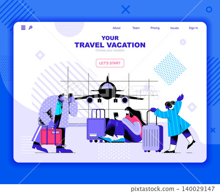 Travel vacation landing page vector template. International voyage with suitcase website header UI layout with flat illustration. Tourism and adventure web banner flat concept Travel vacation landing page vector template. International voyage with suitcase website header UI layout with flat illustration. Tourism and adventure web banner flat concept 140029147