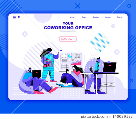 Coworking office landing page vector template. Freelance startup team website header UI layout with flat illustration. Professional meeting in workplace web banner flat concept Coworking office landing page vector template. Freelance startup team website header UI layout with flat illustration. Professional meeting in workplace web banner flat concept 140029152