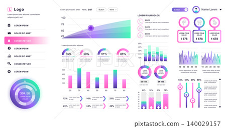 Dashboard UI. Admin panel vector design template with infographic elements, HUD diagram, info graphics. Website dashboard for UI and UX design web page. Vector illustration. Dashboard UI. Admin panel vector design template with infographic elements, HUD diagram, info graphics. Website dashboard for UI and UX design web page. Vector illustration. 140029157