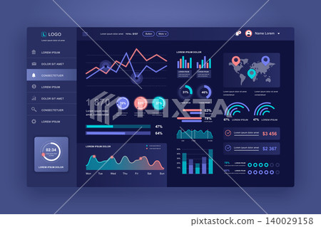 Dashboard UI. Admin panel vector design template with infographic elements, HUD diagram, info graphics. Website dashboard for UI and UX design web page. Dark style. Vector illustration. Dashboard UI. Admin panel vector design template with infographic elements, HUD diagram, info graphics. Website dashboard for UI and UX design web page. Dark style. Vector illustration. 140029158