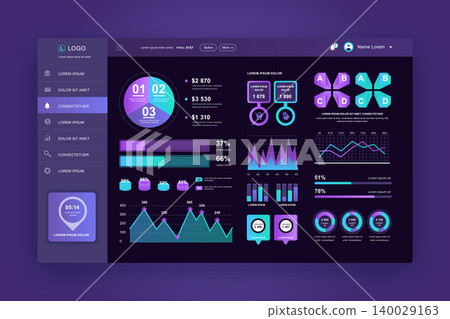 Dashboard UI. Admin panel vector design template with infographic elements, HUD diagram, info graphics. Website dashboard for UI and UX design web page. Dark style. Vector illustration. Dashboard UI. Admin panel vector design template with infographic elements, HUD diagram, info graphics. Website dashboard for UI and UX design web page. Dark style. Vector illustration. 140029163