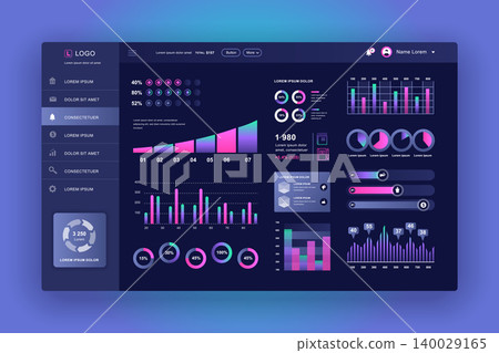 Dashboard UI. Admin panel vector design template with infographic elements, HUD diagram, info graphics. Website dashboard for UI and UX design web page. Dark style. Vector illustration. Dashboard UI. Admin panel vector design template with infographic elements, HUD diagram, info graphics. Website dashboard for UI and UX design web page. Dark style. Vector illustration. 140029165