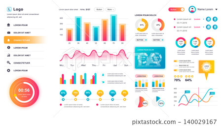 Dashboard UI. Admin panel vector design template with infographic elements, HUD diagram, info graphics. Website dashboard for UI and UX design web page. Vector illustration. Dashboard UI. Admin panel vector design template with infographic elements, HUD diagram, info graphics. Website dashboard for UI and UX design web page. Vector illustration. 140029167