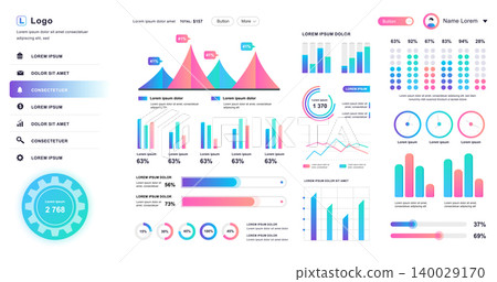 Dashboard UI. Admin panel vector design template with infographic elements, HUD diagram, info graphics. Website dashboard for UI and UX design web page. Vector illustration. Dashboard UI. Admin panel vector design template with infographic elements, HUD diagram, info graphics. Website dashboard for UI and UX design web page. Vector illustration. 140029170