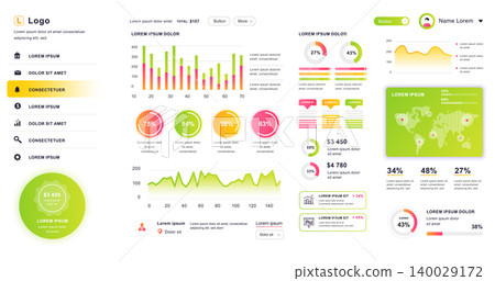 Dashboard UI. Admin panel vector design template with infographic elements, HUD diagram, info graphics. Website dashboard for UI and UX design web page. Vector illustration. Dashboard UI. Admin panel vector design template with infographic elements, HUD diagram, info graphics. Website dashboard for UI and UX design web page. Vector illustration. 140029172