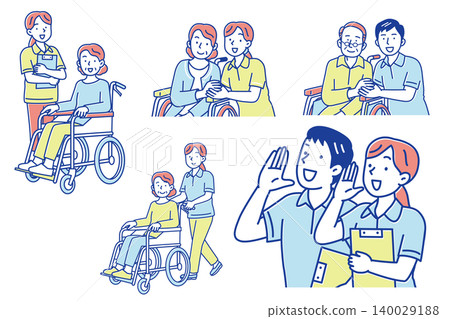 Illustrations of a young caregiver supporting a wheelchair-bound patient, with variations in poses. Illustrations of a young caregiver supporting a wheelchair-bound patient, with variations in poses. 140029188