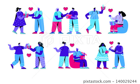 Set of men and women opening gift boxes. Collection of people unwrapping or unboxing holiday presents. Bundle of romantic couples celebrating Saint Valentine's Day. Flat cartoon vector illustration. 140029244
