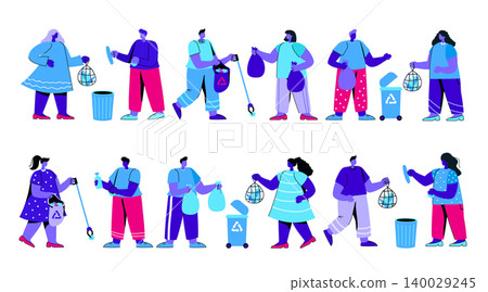 Set of men and women or ecologists picking up, collecting, sorting and disposing garbage. Environment protection, waste recycling and disposal, eco volunteering. Modern flat blue vector illustration. 140029245