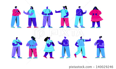 Set of cute boys and girls showing negative gestures or expressing emotions. Bundle of young men and women demonstrating disagreement, rejection, disapproval. Modern flat blue vector illustration. Set of cute boys and girls showing negative gestures or expressing emotions. Bundle of young men and women demonstrating disagreement, rejection, disapproval. Modern flat blue vector illustration. 140029246