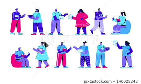 Set of funny journalists with notepads, laptop computers, microphones and photo cameras. Collection of men and women making notes, interviewing, photographing. Modern flat blue vector illustration. Set of funny journalists with notepads, laptop computers, microphones and photo cameras. Collection of men and women making notes, interviewing, photographing. Modern flat blue vector illustration. 140029248