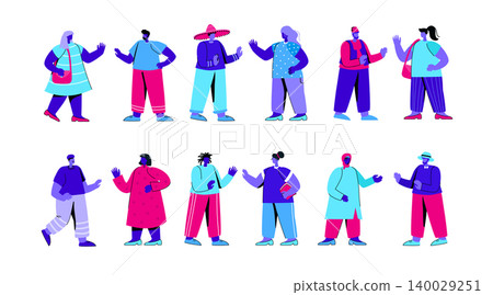 Set of people of different race, ethnicity, nationality. Bundle of foreigners waving hands and having conversation. Multinational or multicultural communication. Modern flat blue vector illustration. Set of people of different race, ethnicity, nationality. Bundle of foreigners waving hands and having conversation. Multinational or multicultural communication. Modern flat blue vector illustration. 140029251