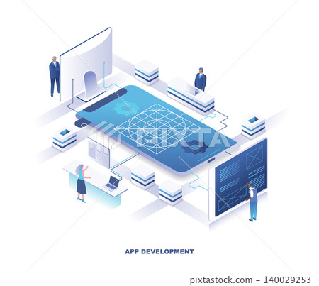 Mobile application development isometric landing page. Concept with tiny people standing at control panels around giant smartphone, developing app or software. Modern vector illustration for website. 140029253