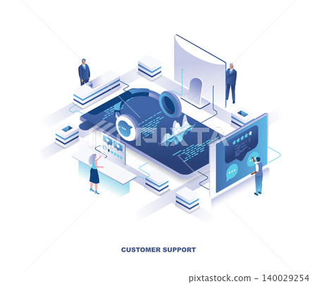 Customer or technical support service isometric landing page. Concept with tiny people working around giant headphones. Dispatchers in call center, hotline or helpline. Modern vector illustration. 140029254