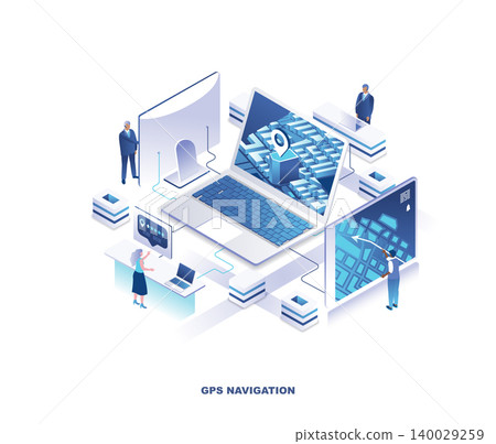 GPS navigation, location search, online locator isometric landing page. Concept with tiny people working around giant laptop computer with city map or urban plan on screen. Modern vector illustration. 140029259