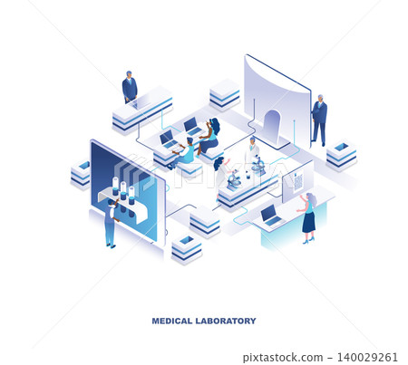 Medical laboratory isometric landing page. Concept of scientific research in medicine or pharmaceutics with medics, researches or scientists working in lab. Vector illustration for advertisement. Medical laboratory isometric landing page. Concept of scientific research in medicine or pharmaceutics with medics, researches or scientists working in lab. Vector illustration for advertisement. 140029261