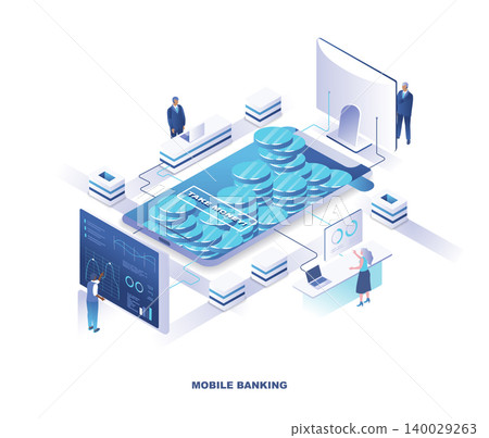 Mobile banking isometric landing page. Concept of electronic service for money transfer, financial transaction with tiny people working around giant smartphone full of coins. Vector illustration. Mobile banking isometric landing page. Concept of electronic service for money transfer, financial transaction with tiny people working around giant smartphone full of coins. Vector illustration. 140029263