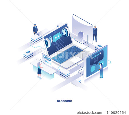 Blogging isometric landing page. Concept with tiny people standing around giant laptop computer and creating post or working on content for internet blog. Modern vector illustration for webpage. 140029264