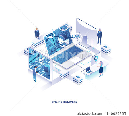 Internet drone delivery service isometric landing page. Concept with tiny people working around giant laptop with map on screen and quadcopter with parcel or package. Modern vector illustration. Internet drone delivery service isometric landing page. Concept with tiny people working around giant laptop with map on screen and quadcopter with parcel or package. Modern vector illustration. 140029265