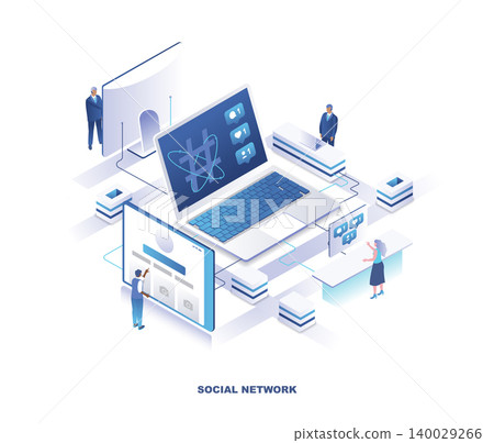 Social media or network isometric landing page. Concept of online platform for communication with people standing around laptop computer with feedback notifications on screen. Vector illustration. Social media or network isometric landing page. Concept of online platform for communication with people standing around laptop computer with feedback notifications on screen. Vector illustration. 140029266
