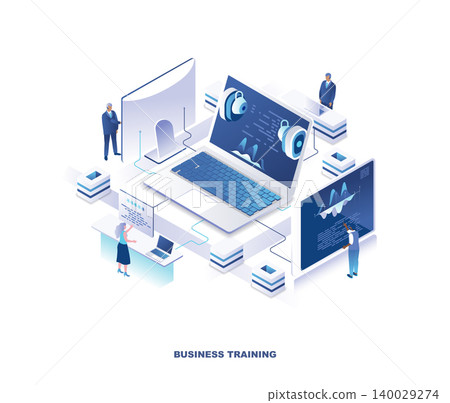 Corporate business training, seminar, webinar or course isometric landing page. Concept with tiny people learning at control panels around giant laptop computer. Vector illustration for website. 140029274