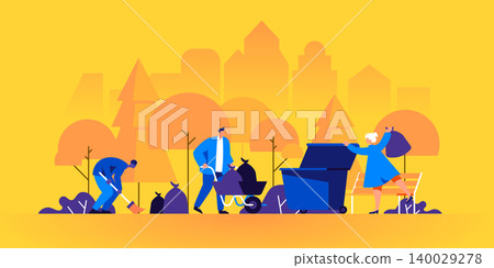 Group of people sweeping street, collecting, sorting and disposing trash in park. Environmental volunteering or activism, garbage recycling and disposal. Modern flat cartoon vector illustration. Group of people sweeping street, collecting, sorting and disposing trash in park. Environmental volunteering or activism, garbage recycling and disposal. Modern flat cartoon vector illustration. 140029278