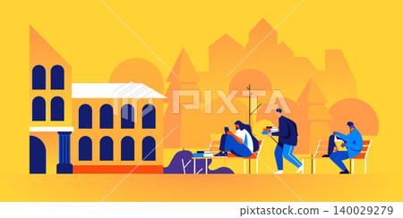Students sitting on benches and studying or reading books outside of university building. Young teenage boys and girls preparing for college exams outdoors. Modern flat cartoon vector illustration. Students sitting on benches and studying or reading books outside of university building. Young teenage boys and girls preparing for college exams outdoors. Modern flat cartoon vector illustration. 140029279