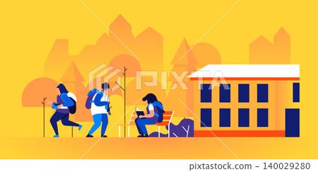 Children reading books outside of school building. Pupils or schoolmates with textbooks studying outdoors. Young boys and girls with backpacks on city street. Modern flat cartoon vector illustration. Children reading books outside of school building. Pupils or schoolmates with textbooks studying outdoors. Young boys and girls with backpacks on city street. Modern flat cartoon vector illustration. 140029280