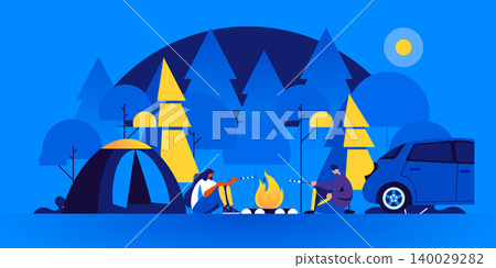 Pair of tourists sitting near bonfire and cooking marshmallow in camping at night. Man and woman at forest campsite or campground with tents and campfire. Modern flat cartoon vector illustration. Pair of tourists sitting near bonfire and cooking marshmallow in camping at night. Man and woman at forest campsite or campground with tents and campfire. Modern flat cartoon vector illustration. 140029282