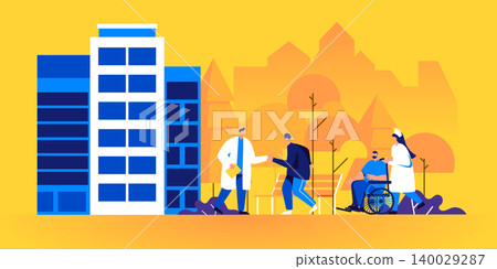 Medic, doctor or physician meet patients outside of hospital, clinic, emergency department, rehabilitation center building. Medicine, medical aid, healthcare. Modern flat cartoon vector illustration. 140029287