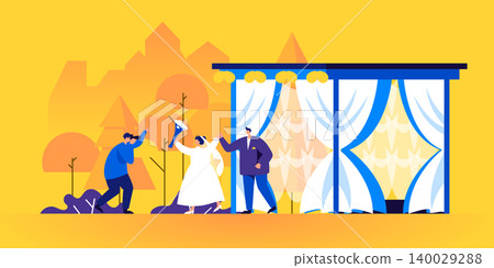 Happy newlyweds and photographer with camera taking photo or portrait of married couple. Bride with flower bouquet and groom on outdoor wedding ceremony. Modern flat cartoon vector illustration. Happy newlyweds and photographer with camera taking photo or portrait of married couple. Bride with flower bouquet and groom on outdoor wedding ceremony. Modern flat cartoon vector illustration. 140029288