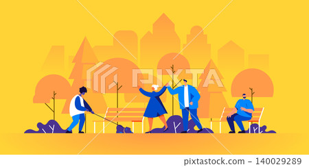 People walking in park. Young couple, man on bench, guy with dog enjoy nature or perform outdoor leisure activities. Male and female cartoon characters stroll along street. Flat vector illustration. 140029289