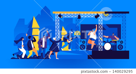 People dancing in front of outdoor stage with performing music band. Musicians, singers and audience or public at open air festival or summer musical concert. Modern flat cartoon vector illustration. People dancing in front of outdoor stage with performing music band. Musicians, singers and audience or public at open air festival or summer musical concert. Modern flat cartoon vector illustration. 140029295