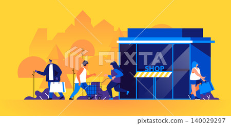 Funny men and women with shopping bags and carts outside of store, mall or supermarket building. Customers or buyers with purchased goods on city street. Modern flat cartoon vector illustration. Funny men and women with shopping bags and carts outside of store, mall or supermarket building. Customers or buyers with purchased goods on city street. Modern flat cartoon vector illustration. 140029297