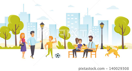 Funny people spending time together in park. Happy family with son playing football, father and daughter sitting on bench and talking, dog running along street. Flat cartoon vector illustration. Funny people spending time together in park. Happy family with son playing football, father and daughter sitting on bench and talking, dog running along street. Flat cartoon vector illustration. 140029308
