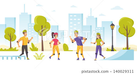Happy people roller skating in park. Funny teenage boys and girls on roller skates performing sports activity outdoors together. Young roller skaters on city street. Flat cartoon vector illustration. Happy people roller skating in park. Funny teenage boys and girls on roller skates performing sports activity outdoors together. Young roller skaters on city street. Flat cartoon vector illustration. 140029311