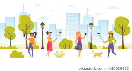 Cute girls taking selfies on smartphones in park. Young women making self-portraits using mobile phones outdoors. Ladies photographing themselves on city street. Flat cartoon vector illustration. Cute girls taking selfies on smartphones in park. Young women making self-portraits using mobile phones outdoors. Ladies photographing themselves on city street. Flat cartoon vector illustration. 140029312