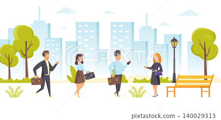 Busy office workers, managers or clerks with briefcases walking along street. Businessmen and businesswomen hurry to work. Business people meet each other in park. Flat cartoon vector illustration. Busy office workers, managers or clerks with briefcases walking along street. Businessmen and businesswomen hurry to work. Business people meet each other in park. Flat cartoon vector illustration. 140029313