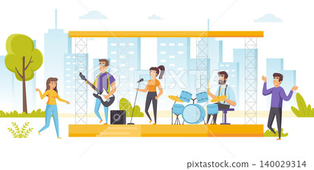 Happy people enjoying music at open air concert, summer musical performance. Musicians and singers performing on outdoor stage and fans or audience dancing around. Flat cartoon vector illustration. Happy people enjoying music at open air concert, summer musical performance. Musicians and singers performing on outdoor stage and fans or audience dancing around. Flat cartoon vector illustration. 140029314