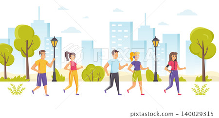 Happy people taking part in marathon, sprint, outdoor sports competition, performing cardio training or workout. Funny men and women jogging or running in park. Flat cartoon vector illustration. Happy people taking part in marathon, sprint, outdoor sports competition, performing cardio training or workout. Funny men and women jogging or running in park. Flat cartoon vector illustration. 140029315