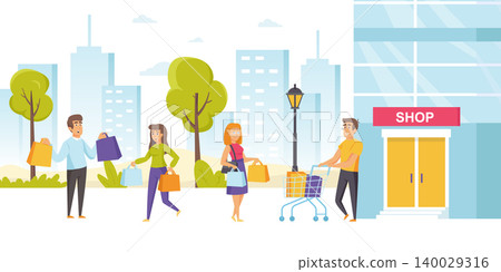 Shopaholics or consumers with shopping bags and carts outside of outlet shop, store, supermarket building. Customers or buyers with purchased sale products on street. Flat cartoon vector illustration. Shopaholics or consumers with shopping bags and carts outside of outlet shop, store, supermarket building. Customers or buyers with purchased sale products on street. Flat cartoon vector illustration. 140029316