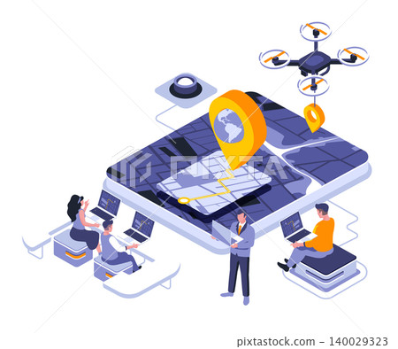GPS navigation landing page vector template. City map with pointer website header UI layout with isometric illustration. Tracking path, finding location web banner isometry concept GPS navigation landing page vector template. City map with pointer website header UI layout with isometric illustration. Tracking path, finding location web banner isometry concept 140029323