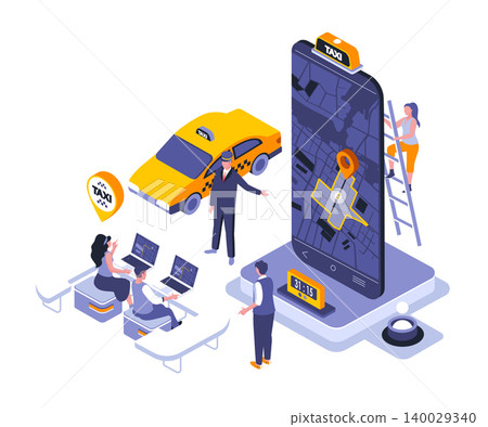 Taxi service landing page vector template. Urban transport call website header UI layout with isometric illustration. Fast trip on car, journey destination web banner isometry concept 140029340