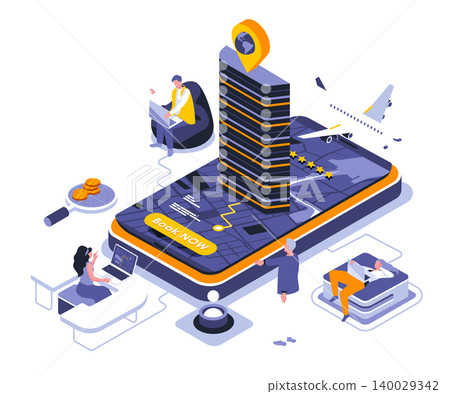 Booking landing page vector template. Ordering boarding tickets website header UI layout with isometric illustration. Tourism agency, departure for vacation web banner isometry concept Booking landing page vector template. Ordering boarding tickets website header UI layout with isometric illustration. Tourism agency, departure for vacation web banner isometry concept 140029342